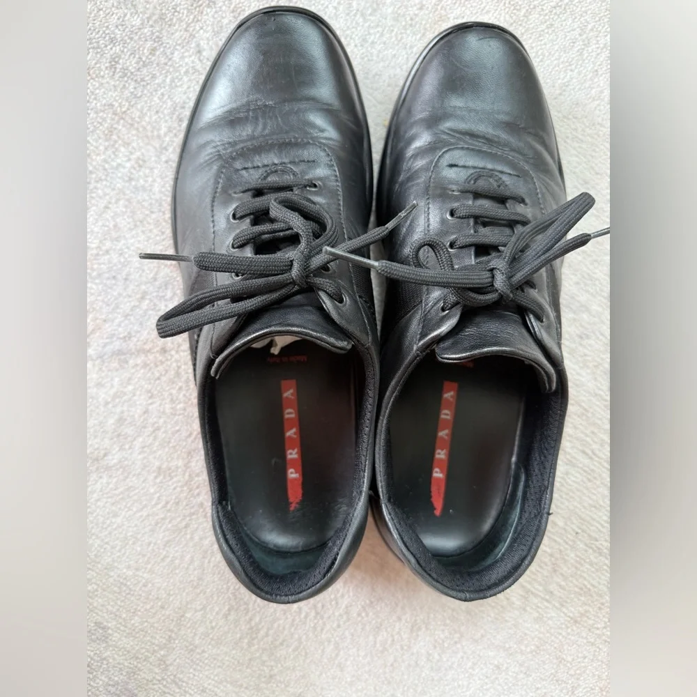 Prada Men’s Leather Sneakers (Black – Linea Rossa) - Picture 3 of 13